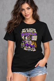 Female model wearing black Bangkok women's graphic T-shirt with smaller print