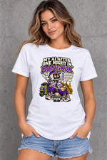 Female model wearing white Bangkok women's graphic T-shirt with smaller print