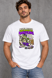 Male model wearing white Barcelona men's graphic T-shirt with smaller print