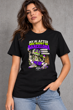 Female model wearing black Barcelona women's graphic T-shirt with smaller print