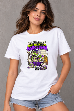 Female model wearing white Barcelona women's graphic T-shirt with smaller print