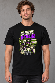 Male model wearing black Berlin men's graphic T-shirt with smaller print