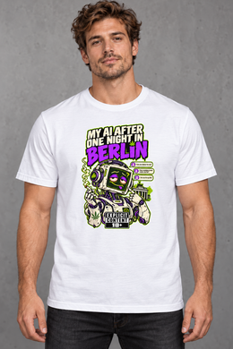 Male model wearing white Berlin men's graphic T-shirt with smaller print
