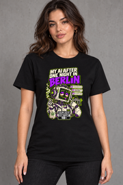 Female model wearing black Berlin women's graphic T-shirt with smaller print