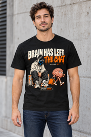 Male model wearing the black Brain Has Left the Chat graphic cotton T-shirt with dark blue jeans.