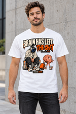 Male model wearing the white Brain Has Left the Chat graphic cotton T-shirt with dark jeans.