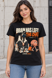 Female model wearing a black Brain Has Left the Chat graphic cotton T-shirt with the feminine character illustration.