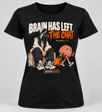 Black women's Brain Has Left the Chat graphic T-shirt with a seated long-haired character and walking brain with orange suitcase.