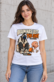 Female model wearing a white Brain Has Left the Chat graphic cotton T-shirt with the feminine character illustration.