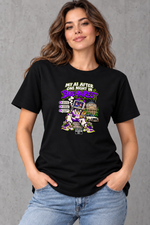 Female model wearing black Bucharest women's graphic T-shirt with smaller print