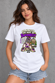 Female model wearing white Bucharest women's graphic T-shirt with smaller print