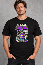 Male model wearing black Budapest men's graphic T-shirt with smaller print