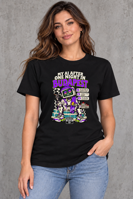 Female model wearing black Budapest women's graphic T-shirt with smaller print