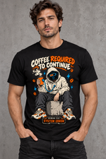 Male model wearing a black Coffee Required to Continue graphic T-shirt