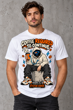 Male model wearing a white Coffee Required to Continue graphic T-shirt