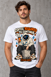 Male model wearing a white Coffee Required to Continue graphic T-shirt