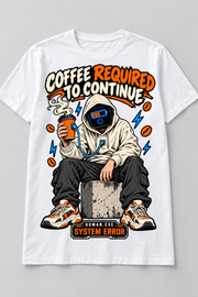White men's Coffee Required to Continue cotton T-shirt, front graphic