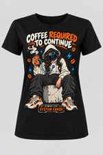 Black women's Coffee Required to Continue cotton T-shirt with a hooded female character, orange coffee cup and blue charging cable.