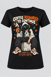 Black women's Coffee Required to Continue cotton T-shirt with a hooded female character, orange coffee cup and blue charging cable.