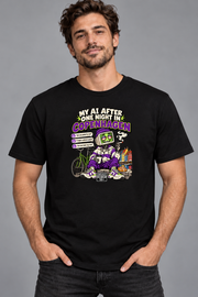 Male model wearing black Copenhagen men's graphic T-shirt with smaller print