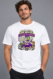 Male model wearing white Copenhagen men's graphic T-shirt with smaller print