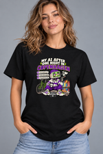 Female model wearing black Copenhagen women's graphic T-shirt with smaller print