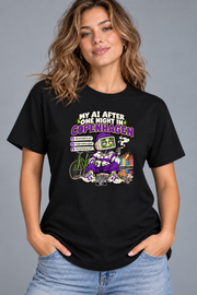 Female model wearing black Copenhagen women's graphic T-shirt with smaller print