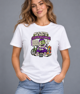 Female model wearing white Copenhagen women's graphic T-shirt with smaller print