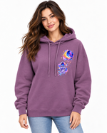 Woman wearing a mauve purple Cosmic Astronaut hoodie without pockets, front view
