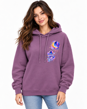 Woman wearing a mauve purple Cosmic Astronaut hoodie without pockets, front view