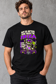 Male model wearing black Ibiza men's graphic T-shirt with smaller print