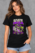 Female model wearing black Ibiza women's graphic T-shirt with smaller print