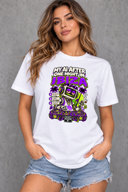 Female model wearing white Ibiza women's graphic T-shirt with smaller print