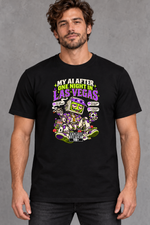 Male model wearing black Las Vegas men's graphic T-shirt with smaller print