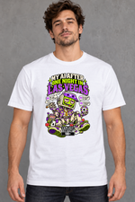 Male model wearing white Las Vegas men's graphic T-shirt with smaller print