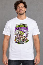 Male model wearing white Las Vegas men's graphic T-shirt with smaller print