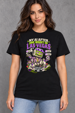 Female model wearing black Las Vegas women's graphic T-shirt with smaller print