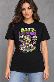 Female model wearing black Las Vegas women's graphic T-shirt with smaller print