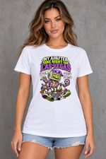 Female model wearing white Las Vegas women's graphic T-shirt with smaller print