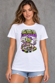 Female model wearing white Las Vegas women's graphic T-shirt with smaller print