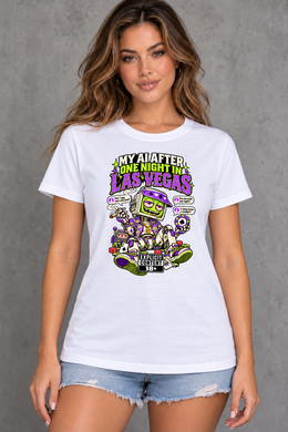 Female model wearing white Las Vegas women's graphic T-shirt with smaller print