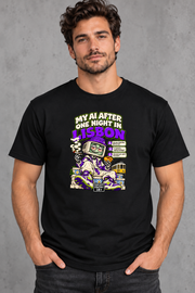 Male model wearing black Lisbon men's graphic T-shirt with smaller print