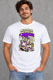 Male model wearing white Lisbon men's graphic T-shirt with smaller print