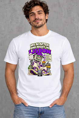 Male model wearing white Lisbon men's graphic T-shirt with smaller print