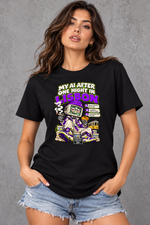 Female model wearing black Lisbon women's graphic T-shirt with smaller print