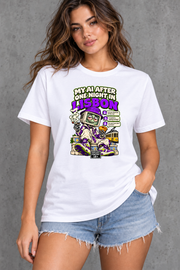 Female model wearing white Lisbon women's graphic T-shirt with smaller print