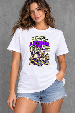 Female model wearing white Lisbon women's graphic T-shirt with smaller print