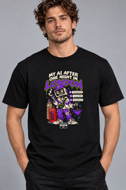 Male model wearing black London men's graphic T-shirt with smaller print