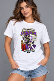 Female model wearing white London women's graphic T-shirt with smaller print