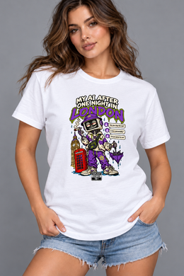 Female model wearing white London women's graphic T-shirt with smaller print